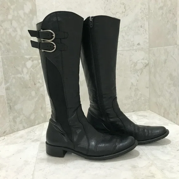 PAUL GREEN {5} Black Leather Boots Knee-High Buckles Stacked Heel - Picture 4 of 7